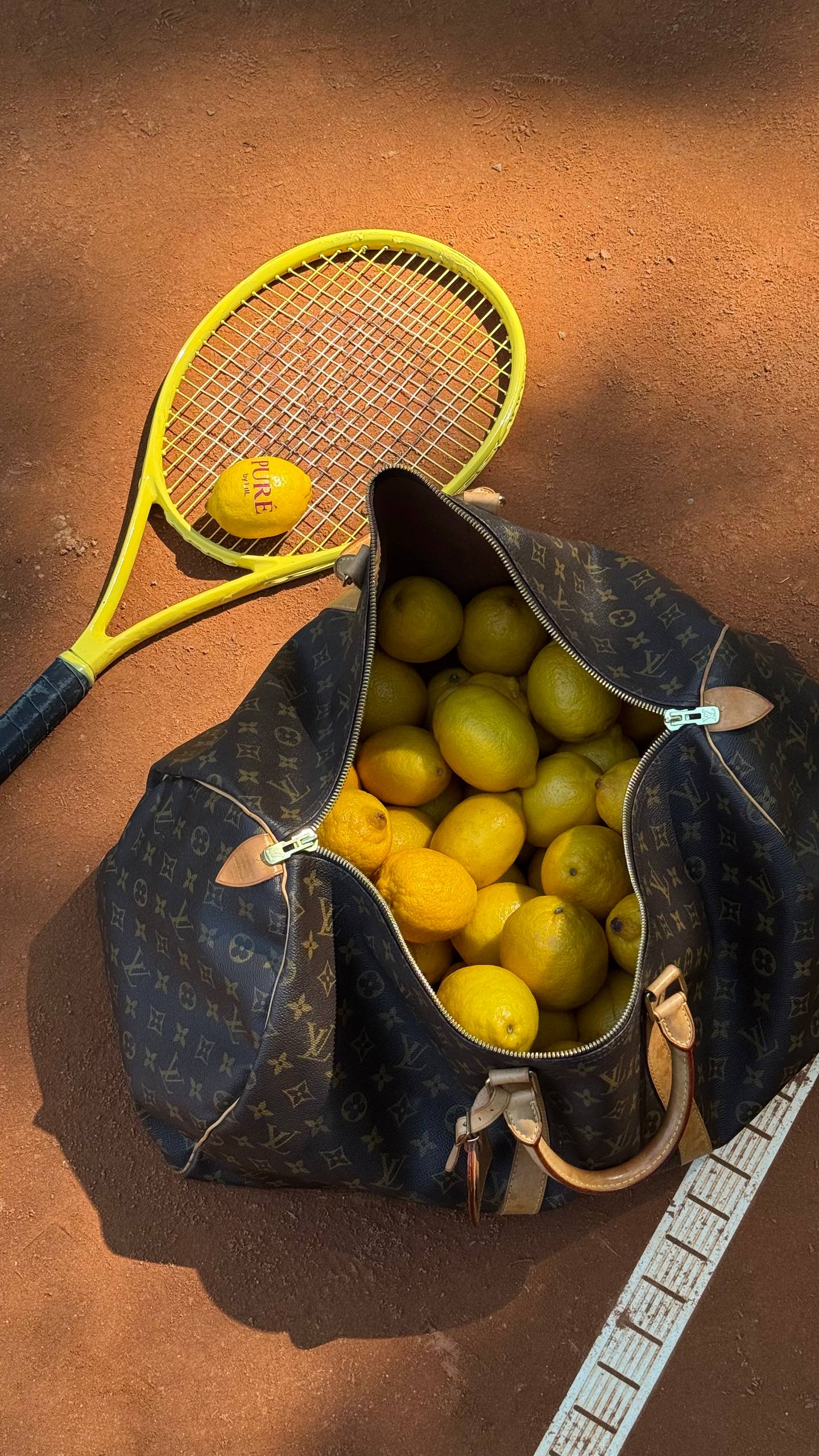 PURÉ lemon with tennis racket and bag