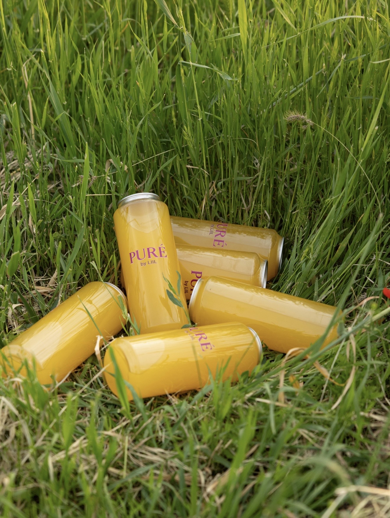 PURÉ juice cans in grass